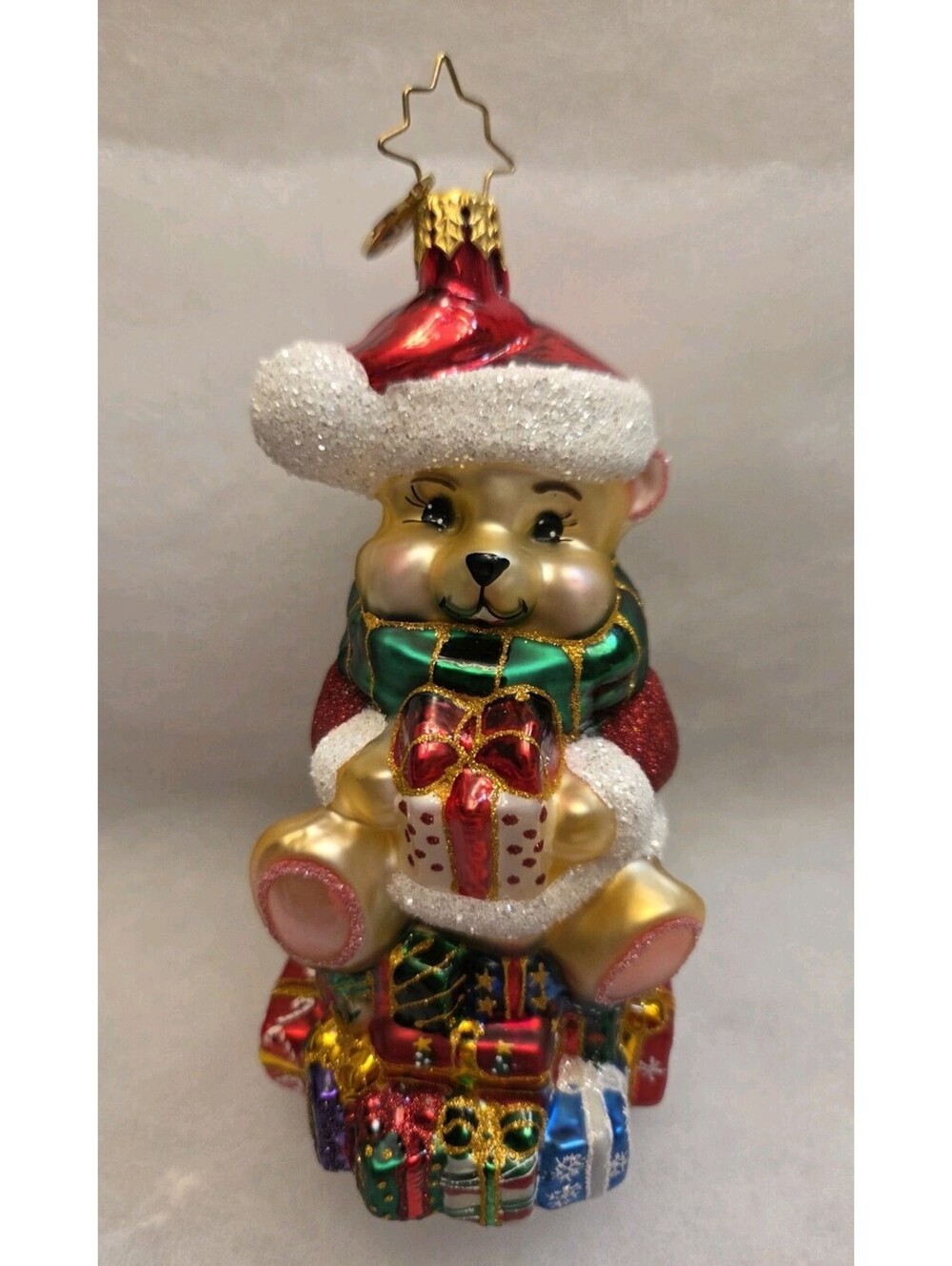 Rare Christopher Radko Top Of The World Teddy Bear on Gifts Glass Ornament, Mint